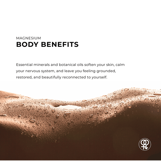 Text about magnesium body benefits with a close-up of skin texture on a white background