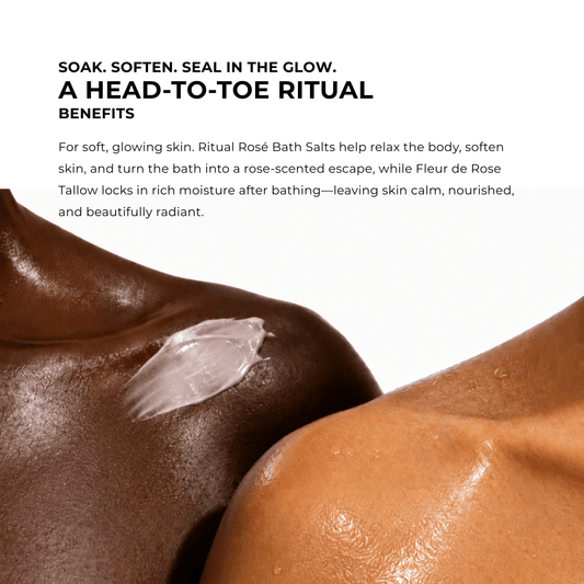 Close-up of smooth human skin with a small amount of translucent product applied, accompanied by marketing text about ritual bath benefits on a white background.