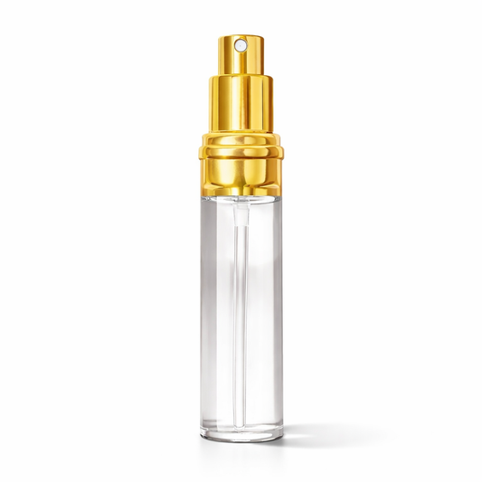 Clear Spray Refill bottle with gold top on a white background