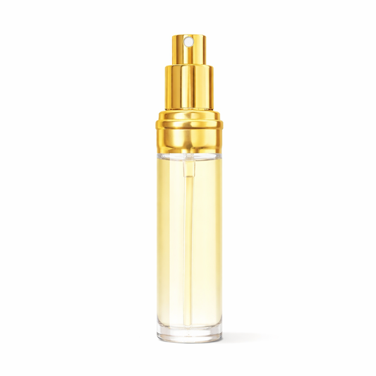 Clear Eau D'Amour bottle with gold cap on a white background