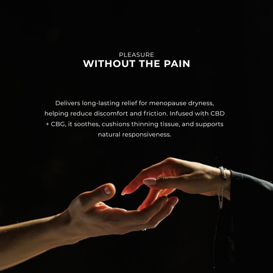 Two hands reaching towards each other with text about menopause relief on a black background