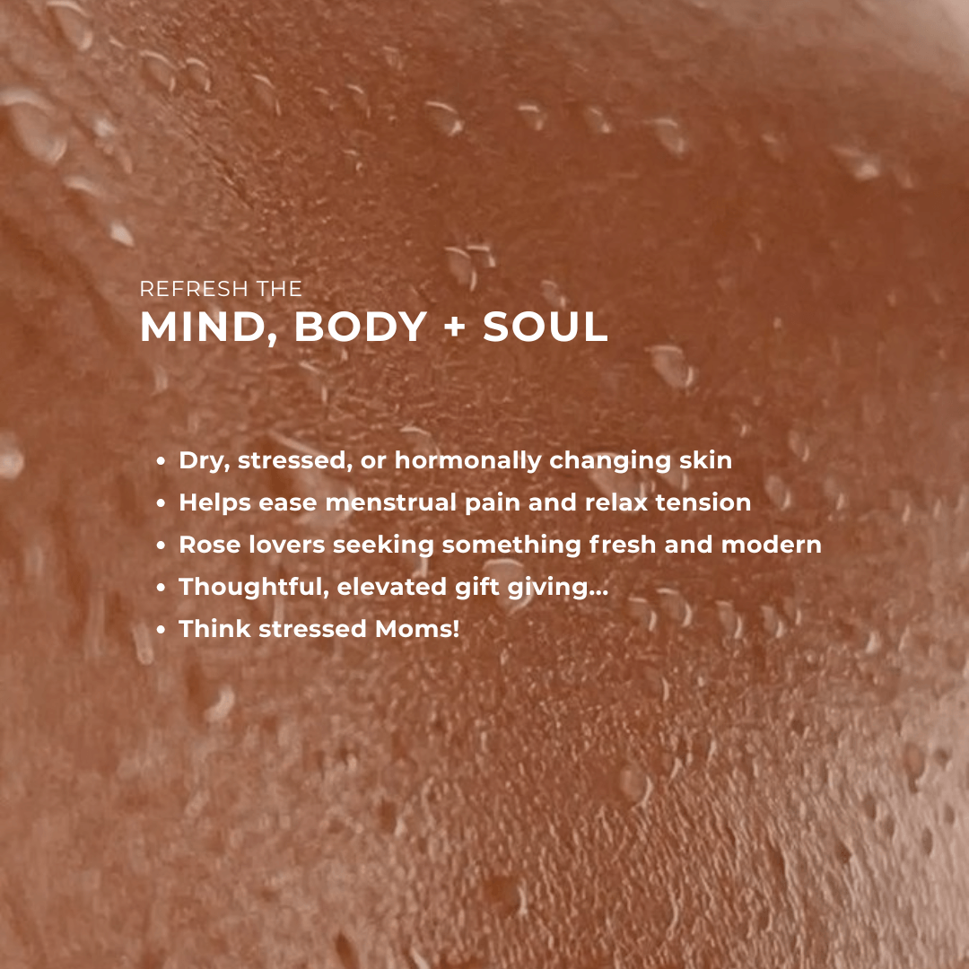 Text overlay on a close-up of skin texture with product benefits listed.