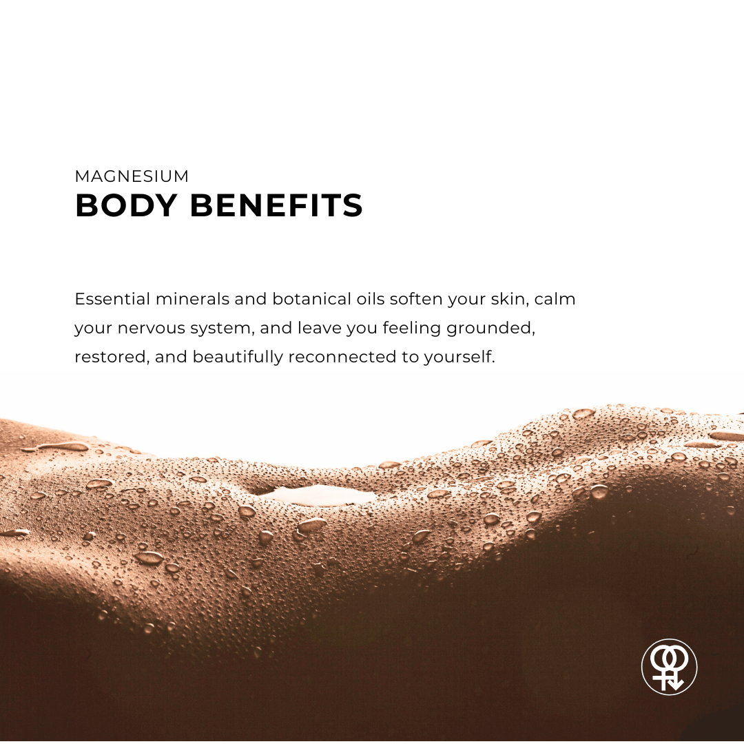 Text about magnesium body benefits with a close-up of skin texture on a white background