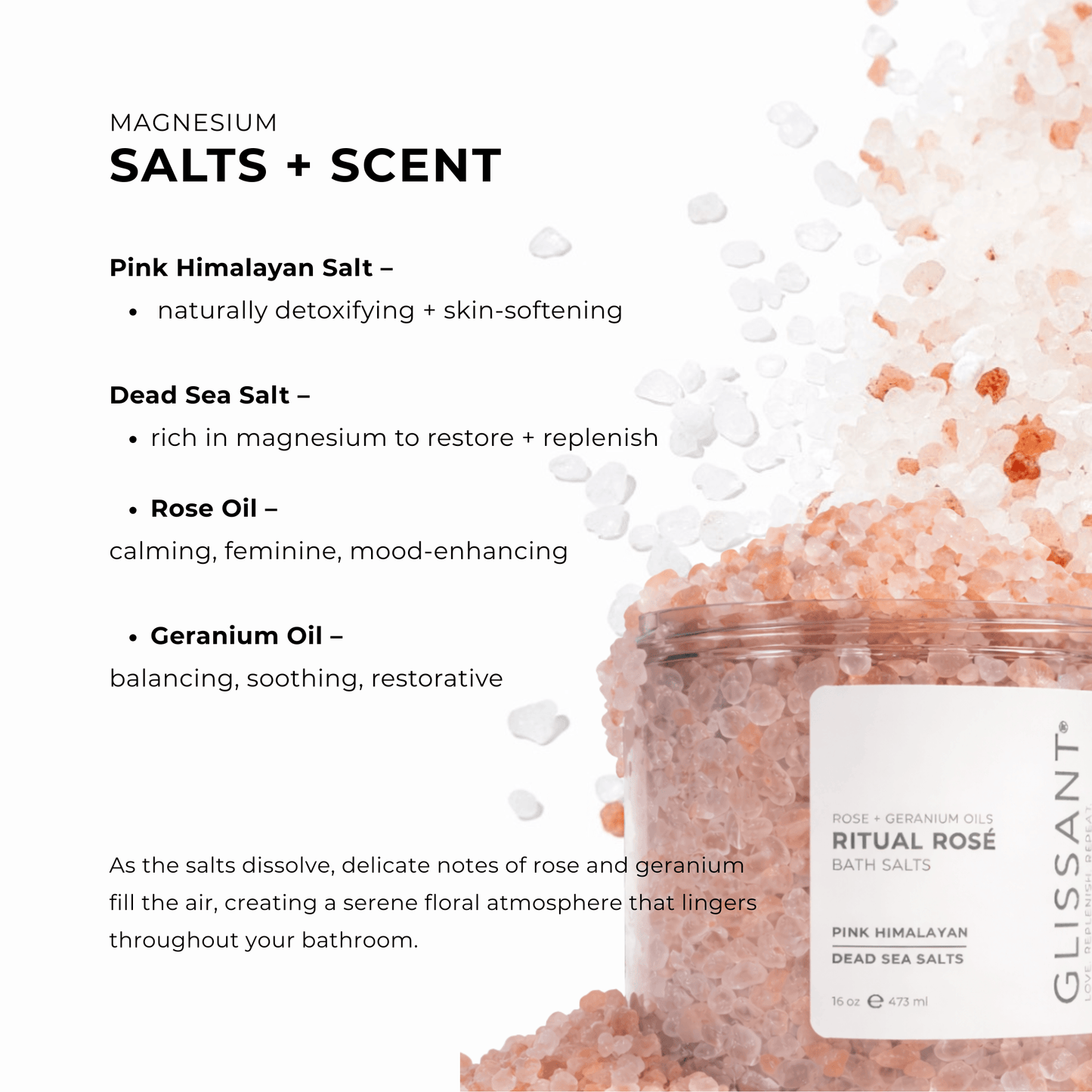 Glissant Ritual Rosé bath salts in a clear jar with a white label, shown on a white background with pink salt crystals and text describing ingredients and scent notes.