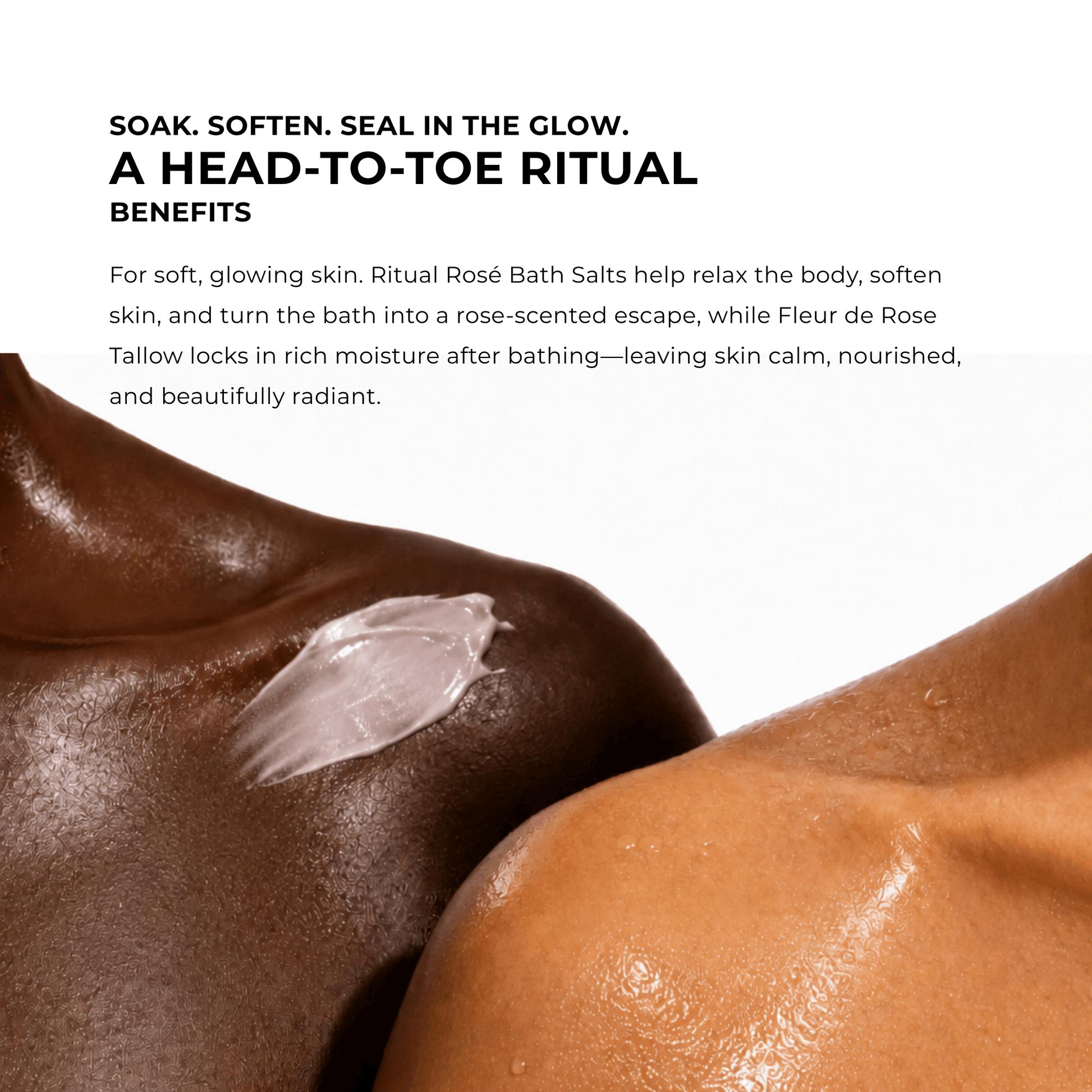 Close-up of smooth human skin with a small amount of translucent product applied, accompanied by marketing text about ritual bath benefits on a white background.