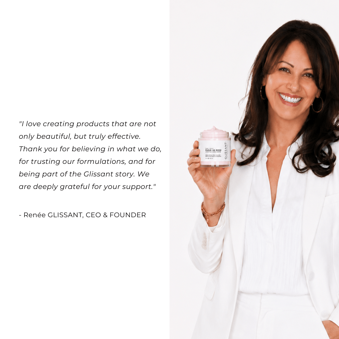 Woman holding a jar of Glissant skincare product with a quote from the CEO on a white background