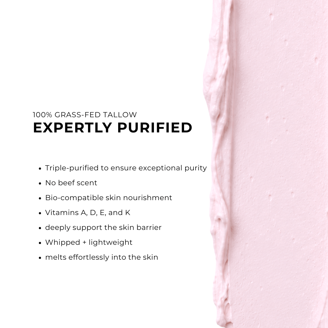 Pink tallow balm with text about its properties on a white background