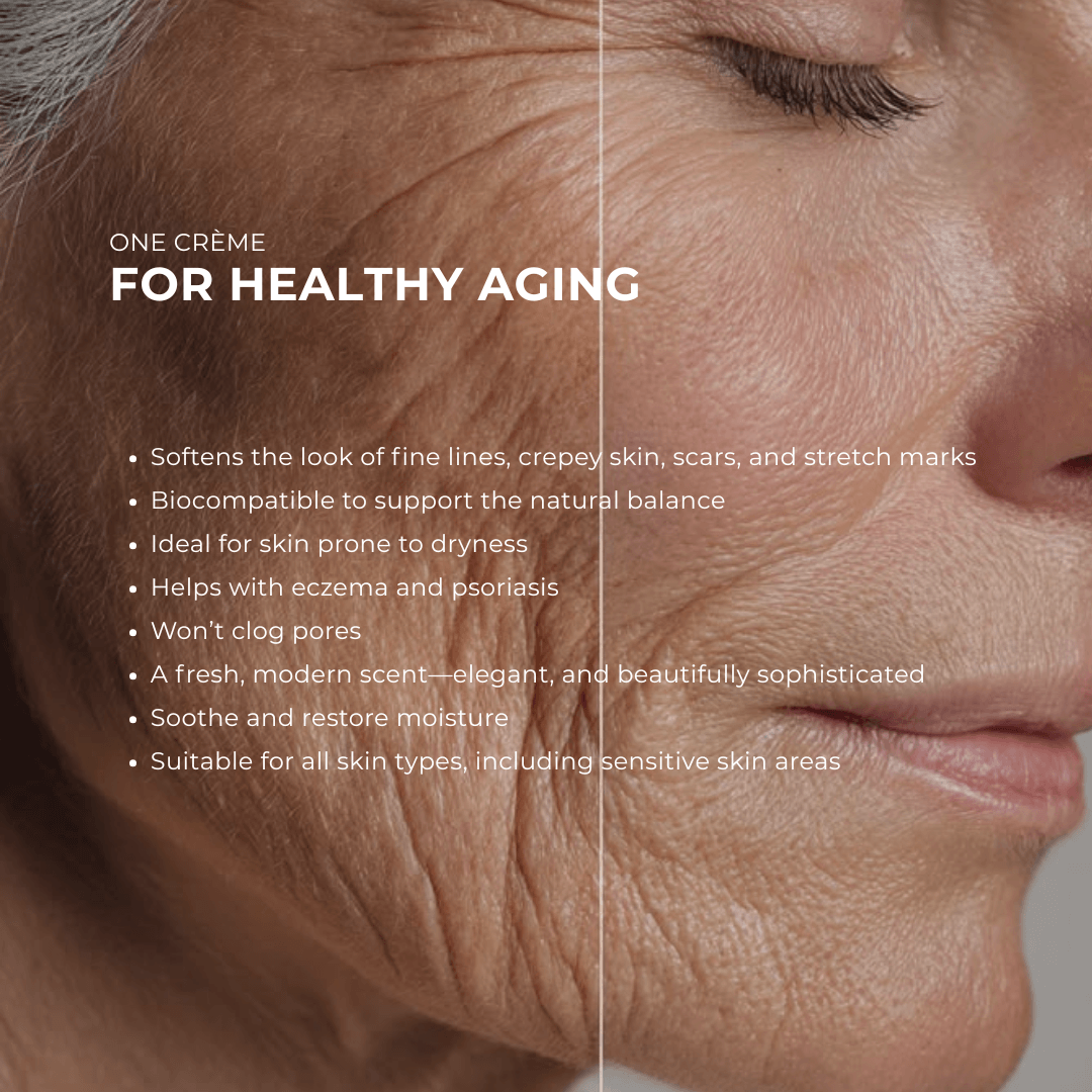 Close-up of a person's lower face and cheek with visible wrinkles, overlaid with marketing text for a skincare product. The text reads 'ONE CRÈME FOR HEALTHY AGING' and lists benefits such as softening fine lines, crepey skin, scars, and stretch marks, plus notes about compatibility, suitability for dry skin, and a fresh modern scent.