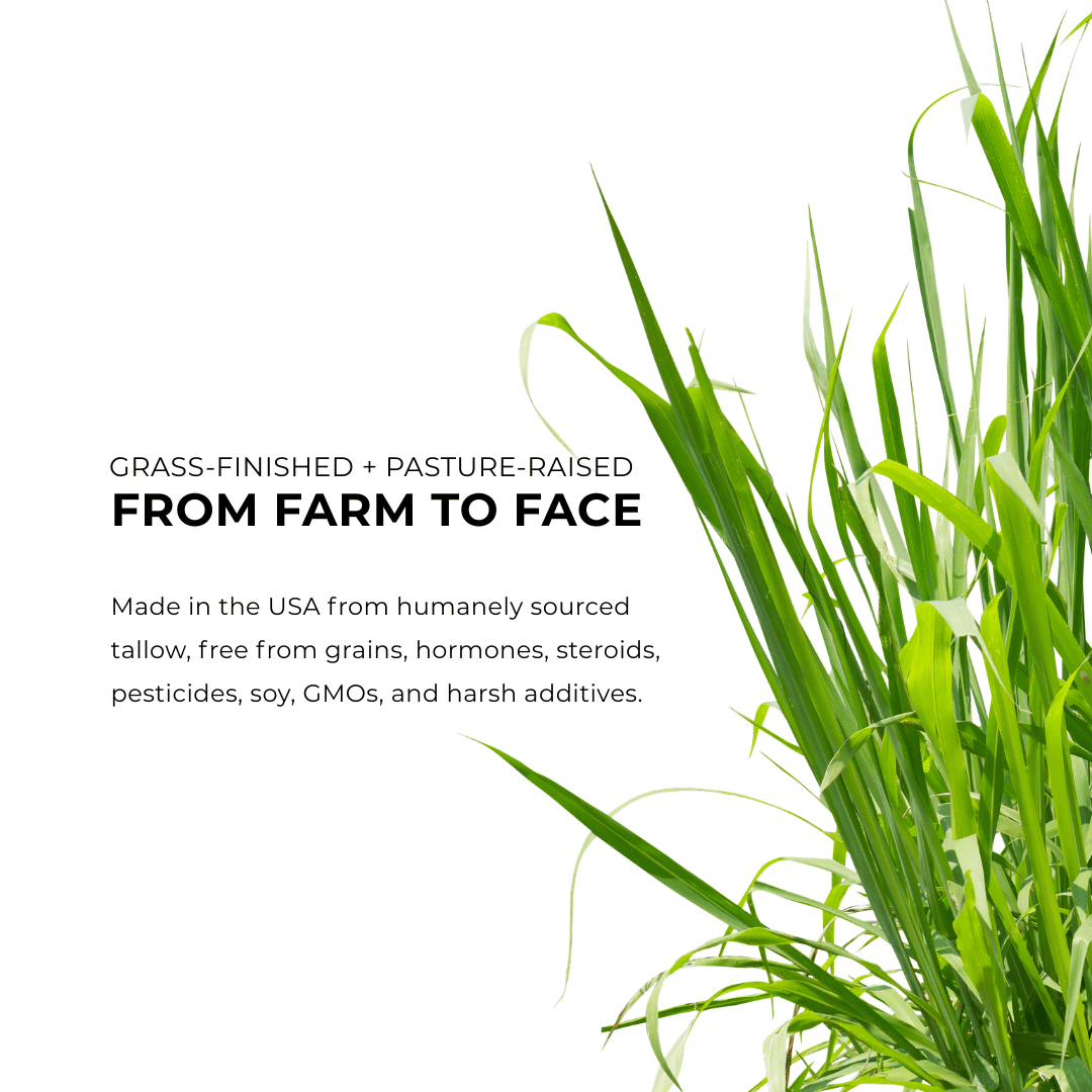 Green grass with text about grass-finished and pasture-raised products on a white background