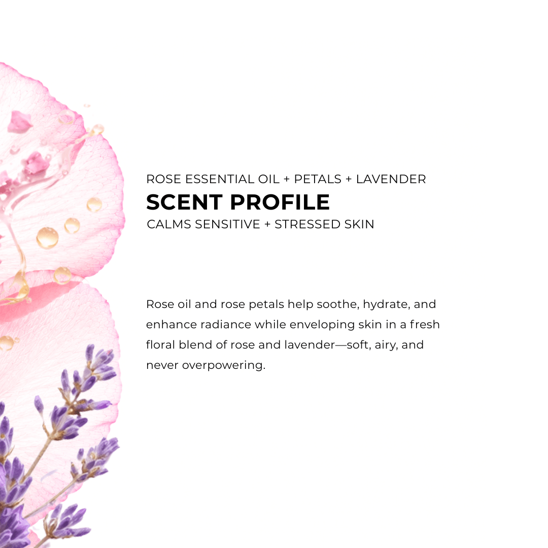 Product packaging with rose and lavender elements and text about rose essential oil and lavender scent profile.