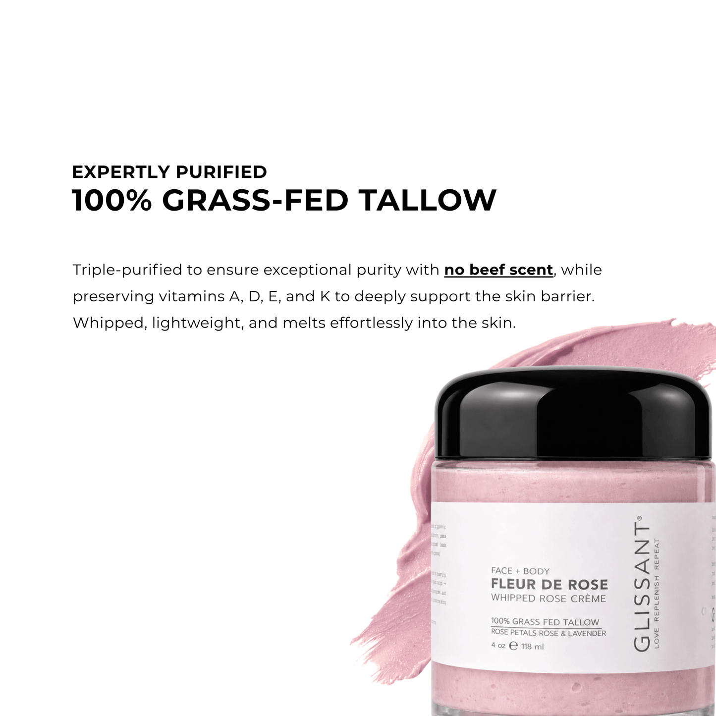 A jar of Glissant Fleur de Rose whipped body cream on a white background with descriptive text and a pink cream smear. The jar has a black lid and a white label, showing light pink cream inside.