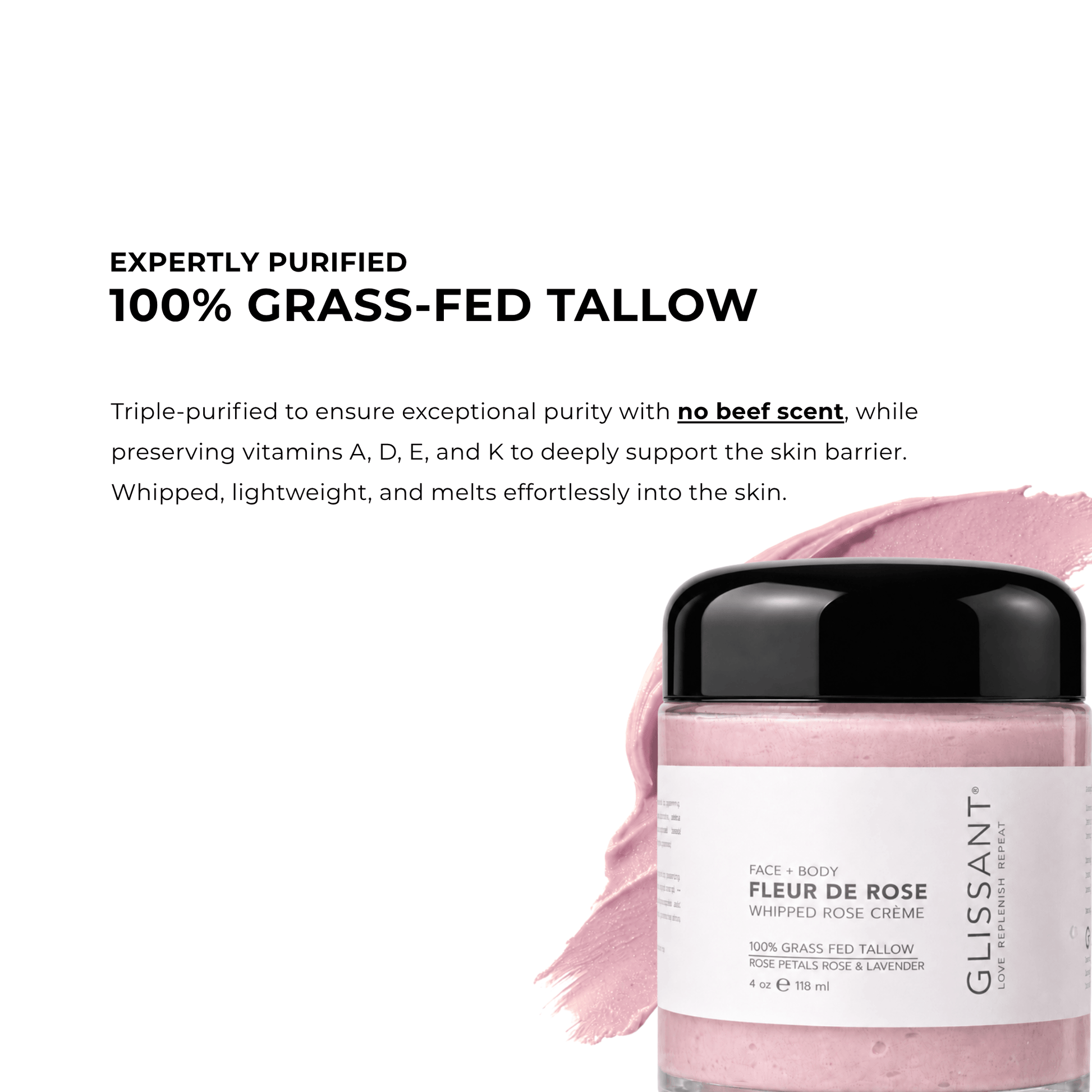 A jar of Glissant Fleur de Rose whipped body cream on a white background with descriptive text and a pink cream smear. The jar has a black lid and a white label, showing light pink cream inside.