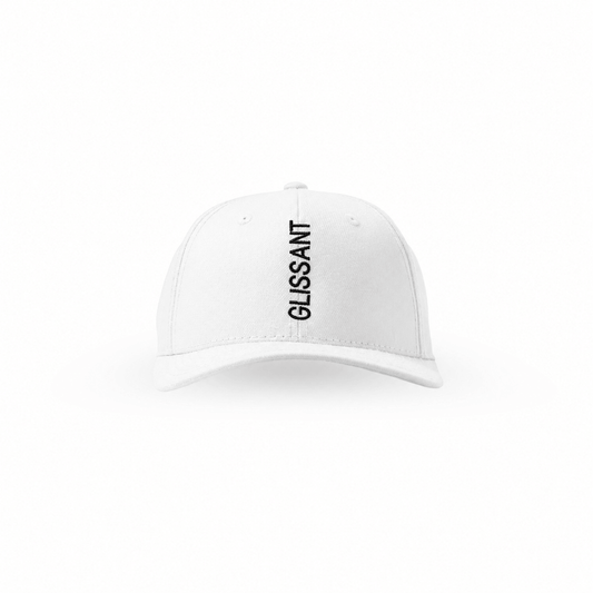 A white baseball cap with the word 'GLISSANT' printed vertically in black on the front, shown against a plain white background.