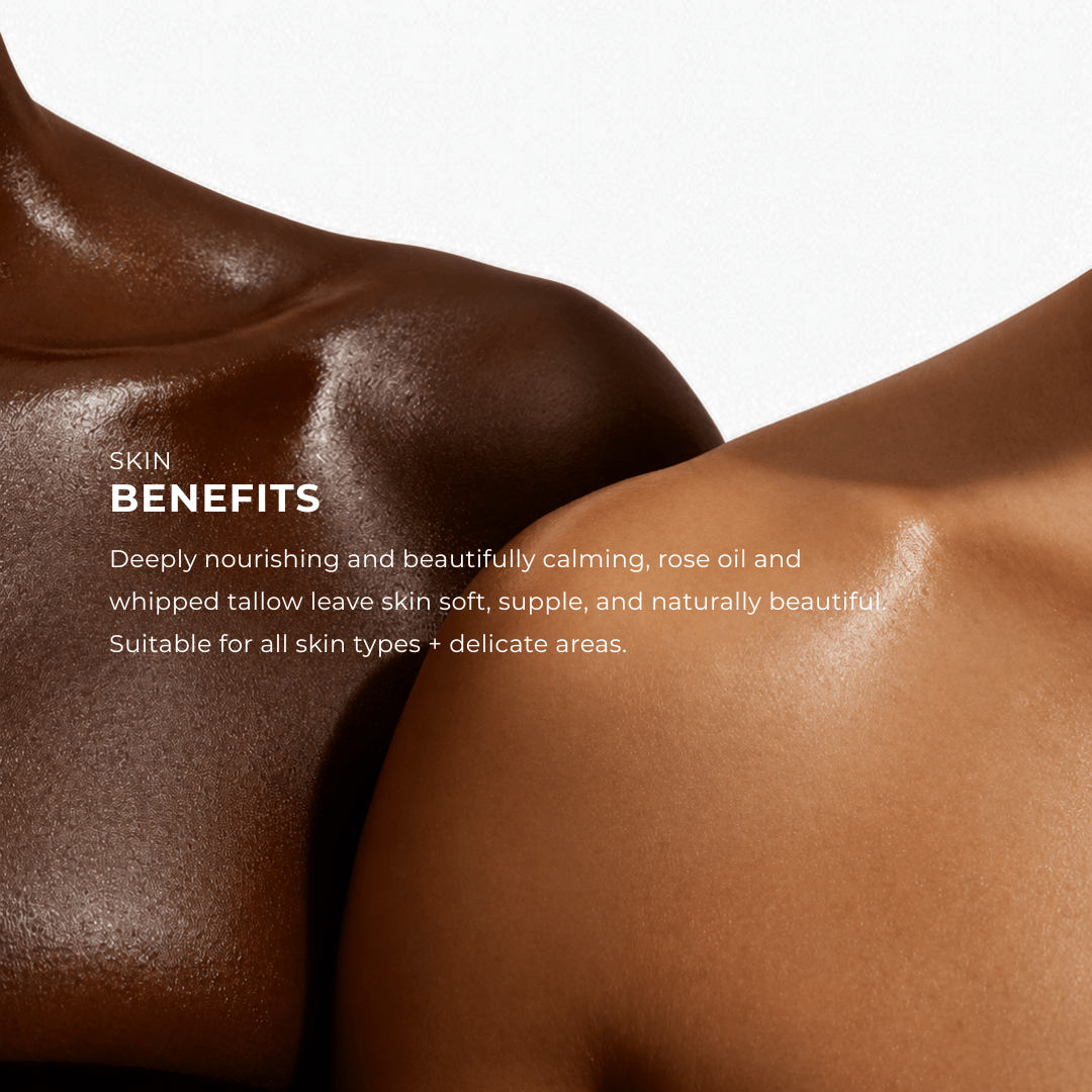 Close-up of a person's shoulder and upper chest with glossy, hydrated skin against a clean white background, with text reading 'SKIN BENEFITS' and a descriptive benefit copy.