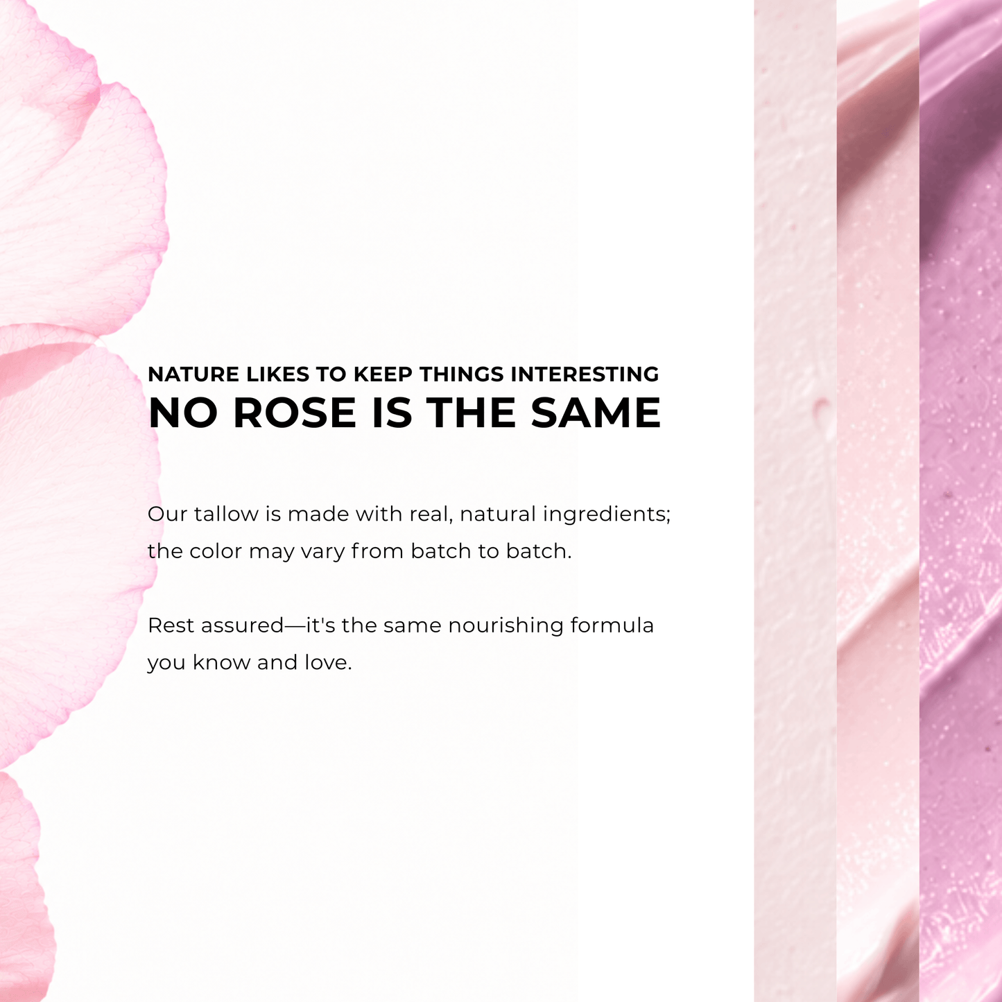 A promotional text graphic for a skincare product, featuring the quote 'NO ROSE IS THE SAME' in bold black text on a white background, flanked by soft pink rose petals on the left and a pink cream texture strip on the right.