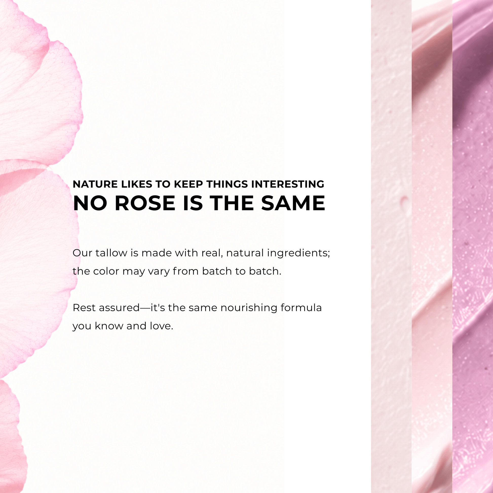 A promotional text graphic for a skincare product, featuring the quote 'NO ROSE IS THE SAME' in bold black text on a white background, flanked by soft pink rose petals on the left and a pink cream texture strip on the right.