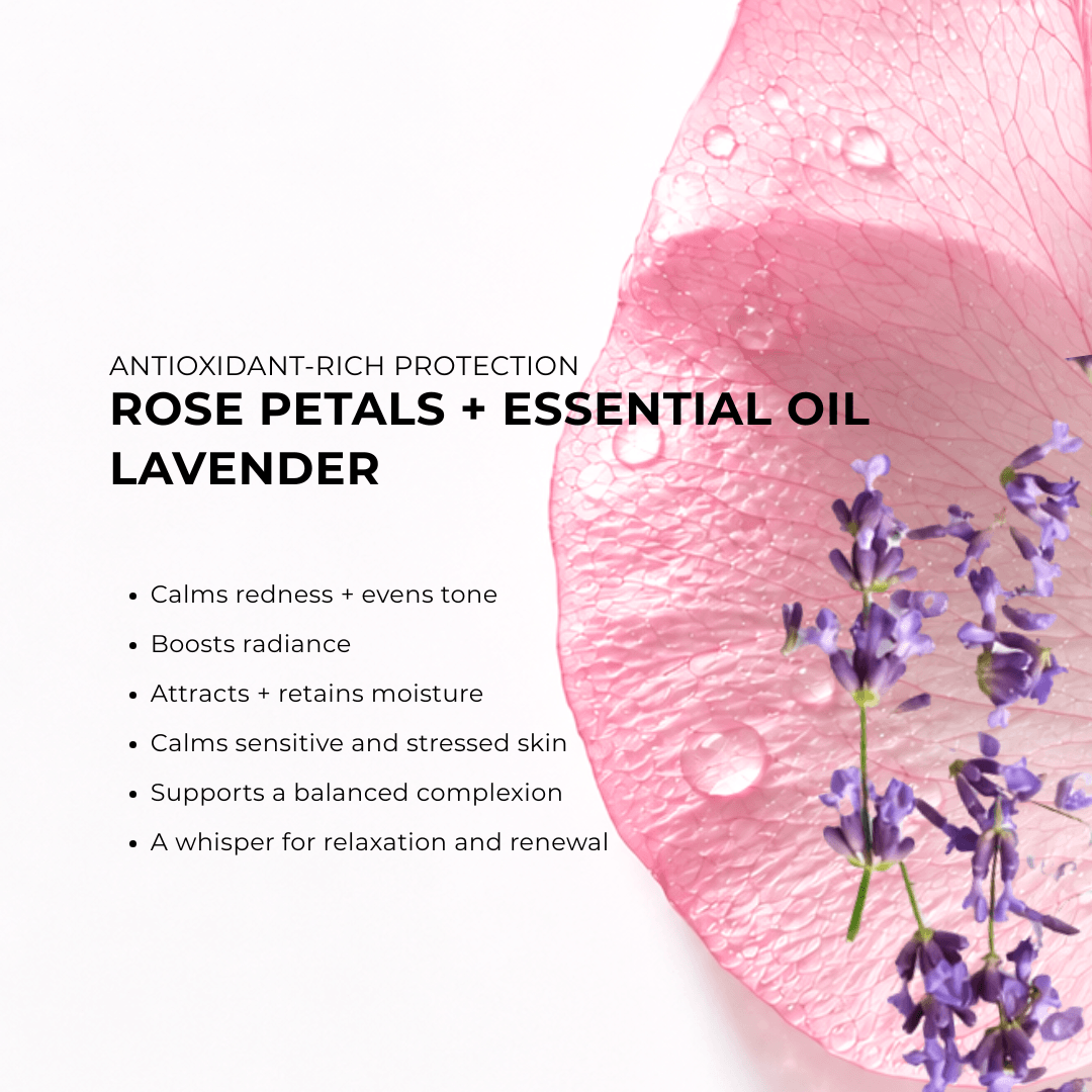 Rose petal with lavender essential oil and text about antioxidant-rich protection.